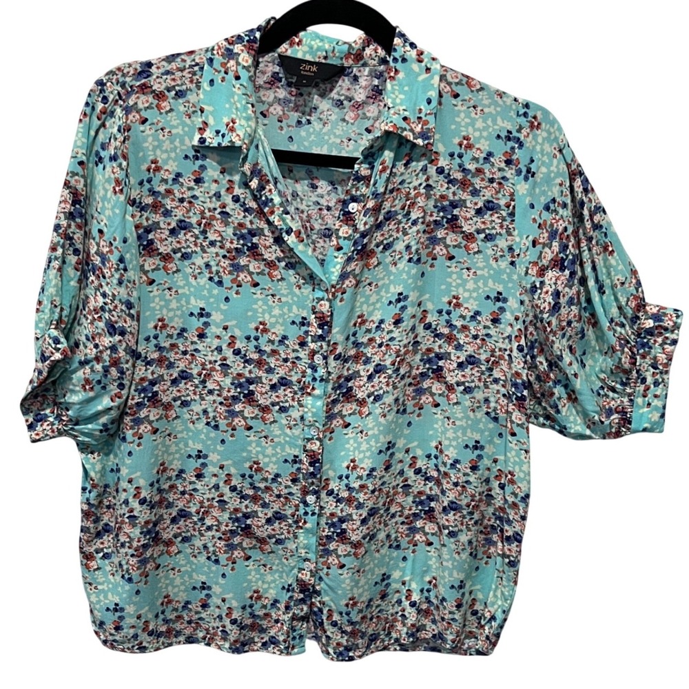 Zink London Women's Turquoise Floral Print‎ Button Down Shirt Size M
